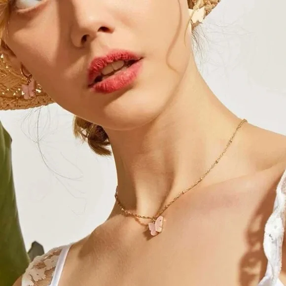 Pink Butterfly Gold Charm Necklace OS New - Picture 5 of 7